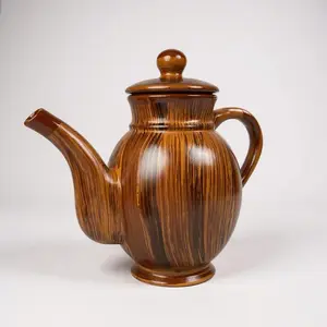 Mexican Clay Tea Pitcher with Cap 3qt, Jarrita De Te Barro Estilo Madera Con Tapa, Tradicional, Cookware Classic, (Made In Mexico) (Food Safe) Traditional