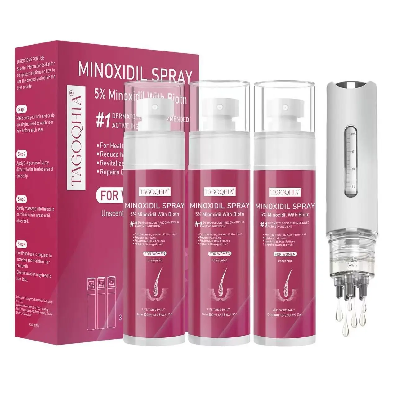 5% Minoxidil for Women Hair Regrowth Spray-Equipped with a minoxidil applicator, hers hair regrowth treatment Infused with Biotin, Extra Strength Treatment to Combat Hair Loss and Thinning, 3 Bottles