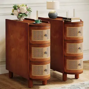 Tribesigns Solid Wood End Tables, 3-Drawer Rattan Night Stands for Living Room, Elegant Embossed Handles, No Assembly (Walnut & Oak)