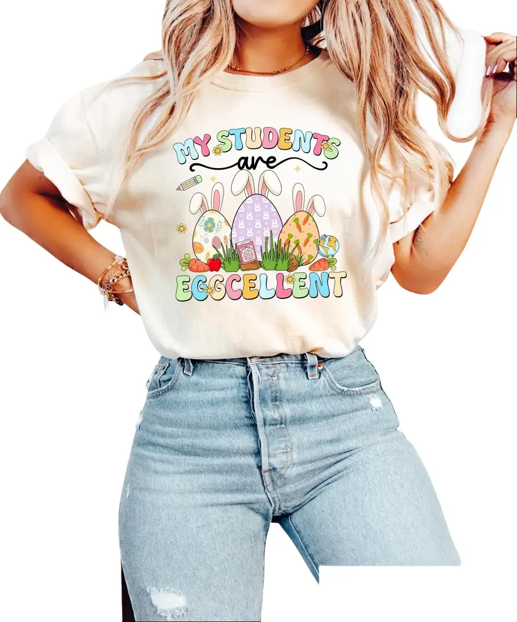 My Students Are Eggcellent Teacher Easter T-Shirt, Cute Bunny Eggs Graphic Tee, Funny School Shirt, Easter Teacher Appreciation Gift