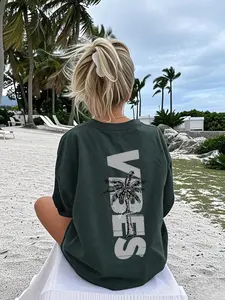 Women's Casual Streetwear Loose Fit Round Neck Knit T-Shirt with Tropical Coconut Tree Vibes Print, Perfect for Summer Beach Vacation and Daily Wear, Stylish Comfortable Lightweight Breathable Top, Womenswear Tshirt