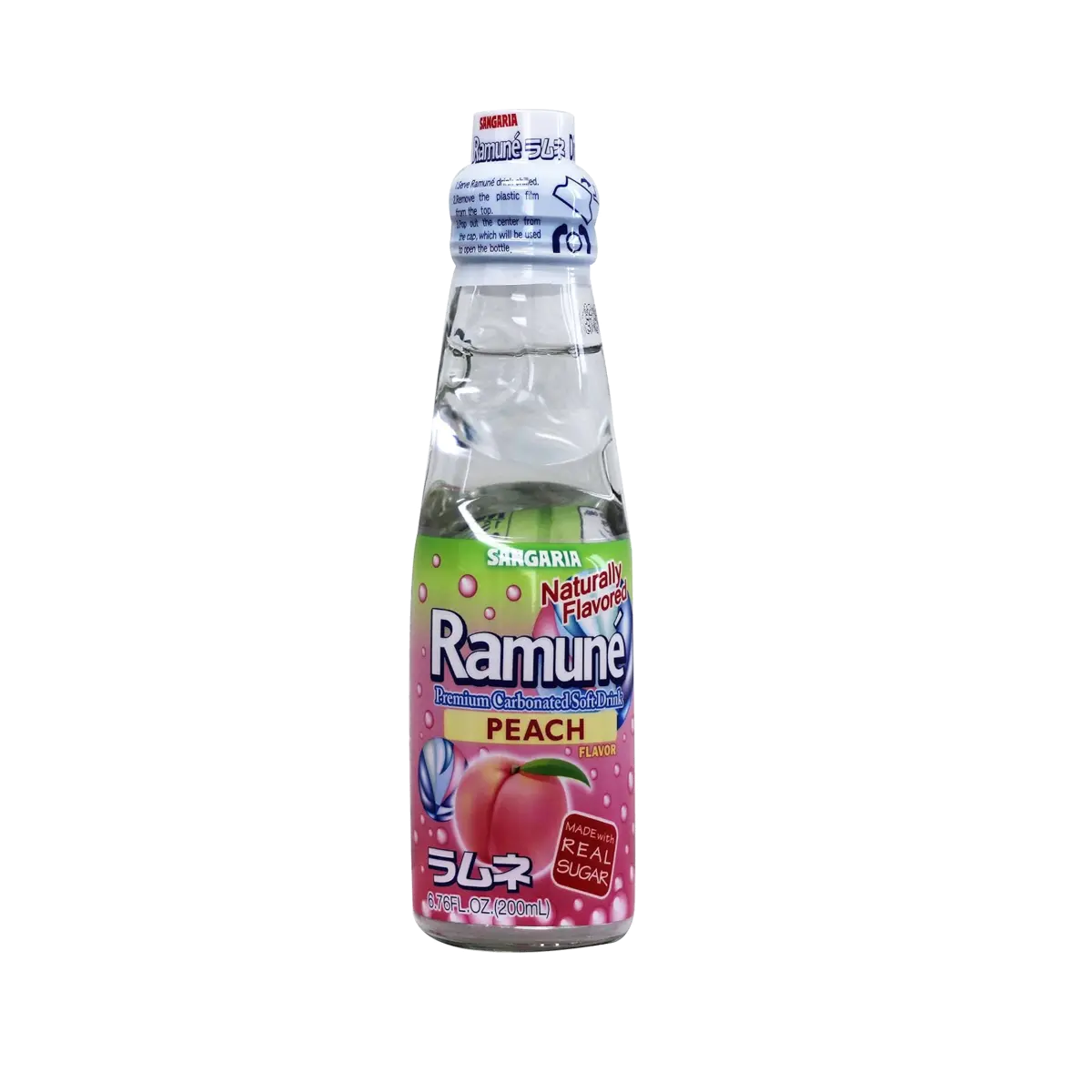 Sangaria Natural Peach Ramune - Unique Marble Sugar-Infused Ambient Fizzy Soft Drink, 200ml