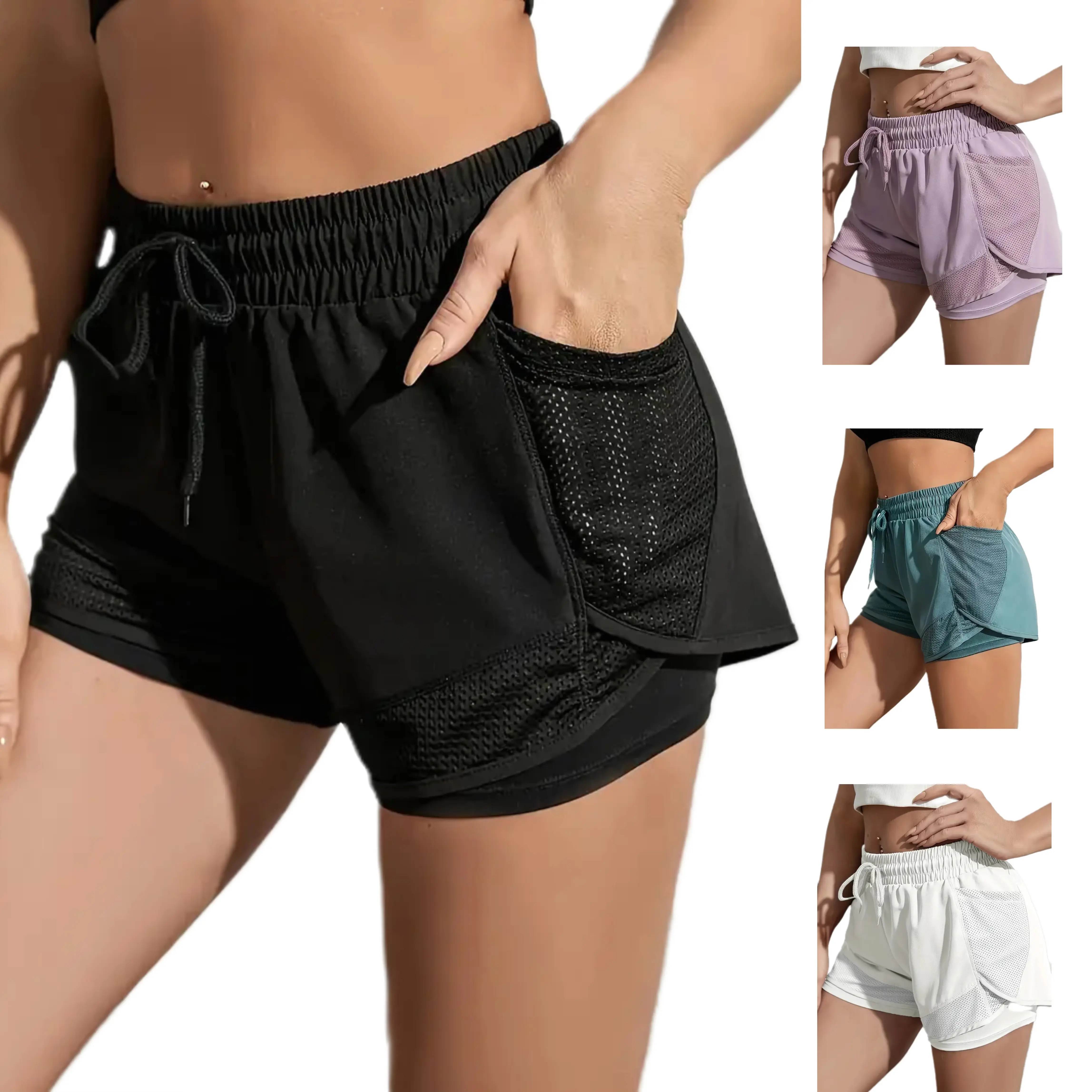 Seya Drawstring Contrast Flowy Mesh Dolphin 2-in-1 Shorts Women's High Waisted Lightweight Board Shorts Swim/Running/Workout Quick Dry with Pockets Tankini Bottoms Bathing Suits Plus Size Bermuda Shorts