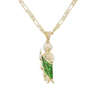 Saint Jude Necklace 14K Gold Plated San Judas Pendant Figaro Chain