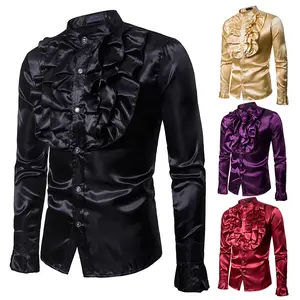 Men's Ruffled Satin Dress Shirt - Vintage Victorian Style, Shiny Silk-Like FabricIdeal for Stage Performances, Proms & Formal Occasions