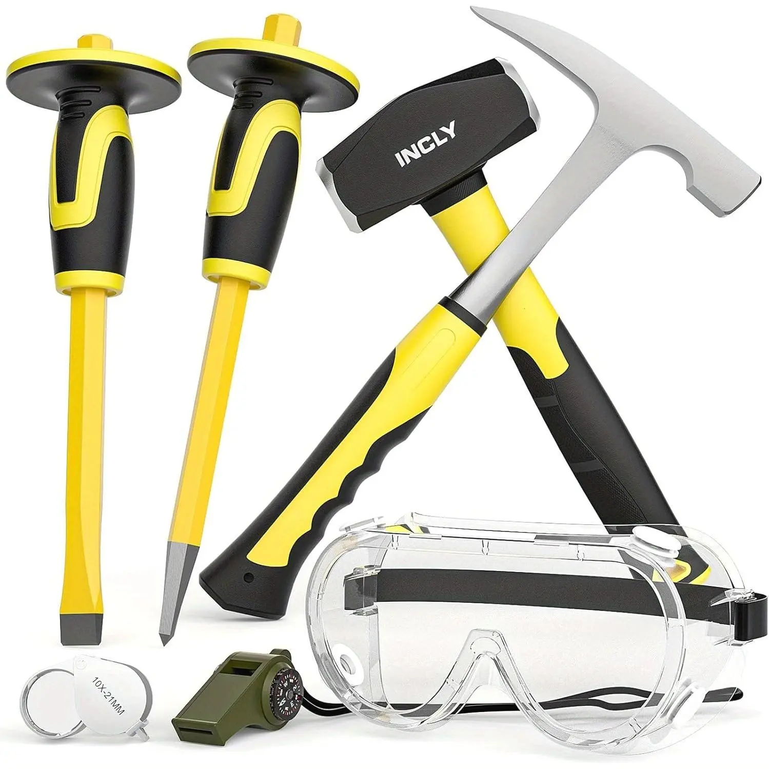 7pcs Geology Rock Pick Equipment Kit, 3lb Sledge &32oz Rock Hammer with 2pcs 12" Mason Concrete Chisel.Jewelers Loupe, Tool Set for Hounding, GoldMining, Stone Breaking