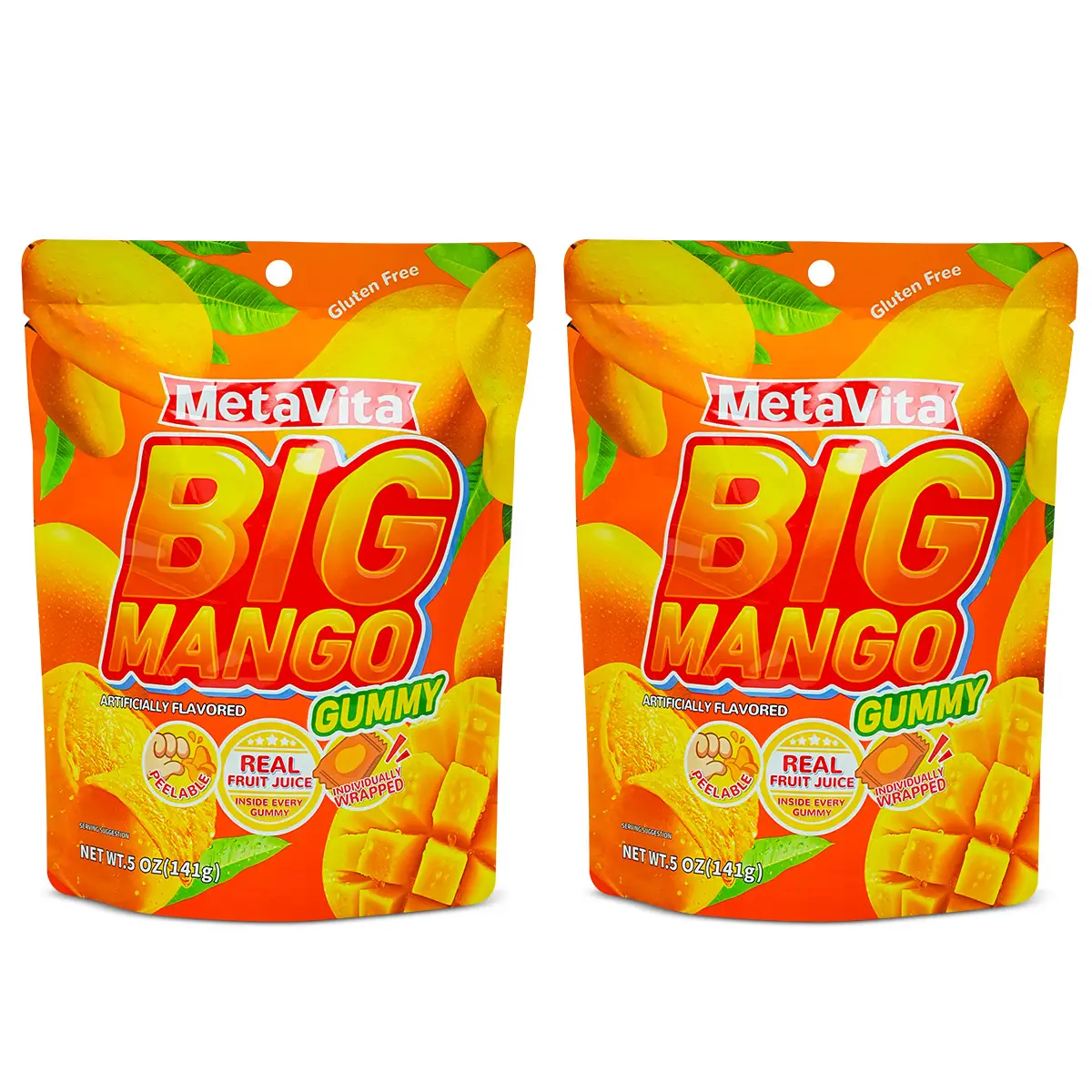 MetaVita Peelable Big Mango Gummy Candy 2 Bags, Peelable Gummy Mango Peeling Candy, Resealable 5oz Per Bag Snack