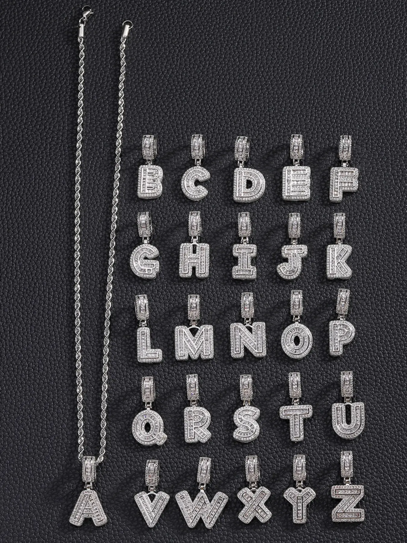 Ice Cold 26 Letter Pendant Necklace, Alphabet Necklace, Trendy Hip Hop Style Rectangular Emerald Silver Color Chunky Chain Necklace, Alloy Necklace, Casual All Seasons Fashionable Jewelry Accessories