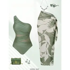Women's Vintage 1-Piece Swimsuit - Asymmetric Neck, Modest Full Cup, Tummy Control Mesh, Pleated Skirt, Sage Green, Ideal for Beach & Pool Party, One Piece Swimsuit