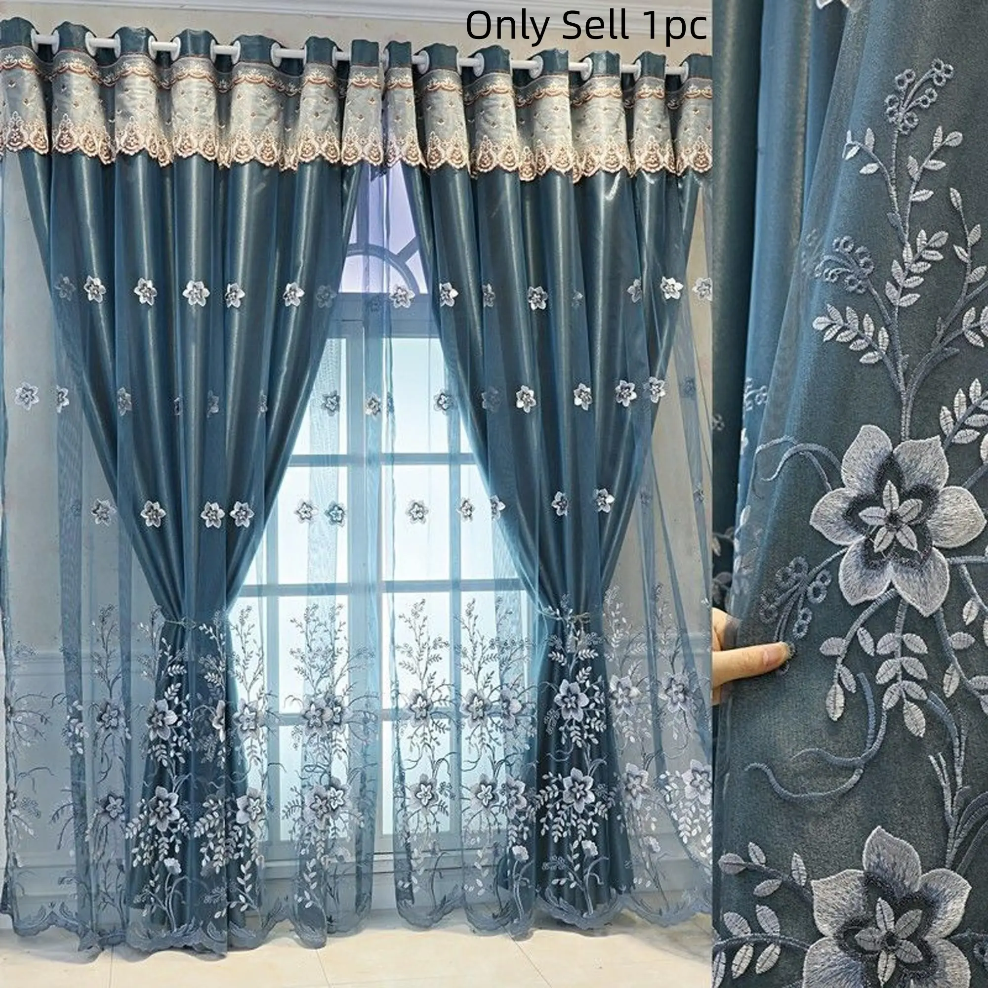 1pc Luxury European Embroidered Blackout Curtain, Thermal Insulated Curtain, Noise Reduction & Thermal Insulation, Bedroom & Living Room Decor, Fashion Home Decoration