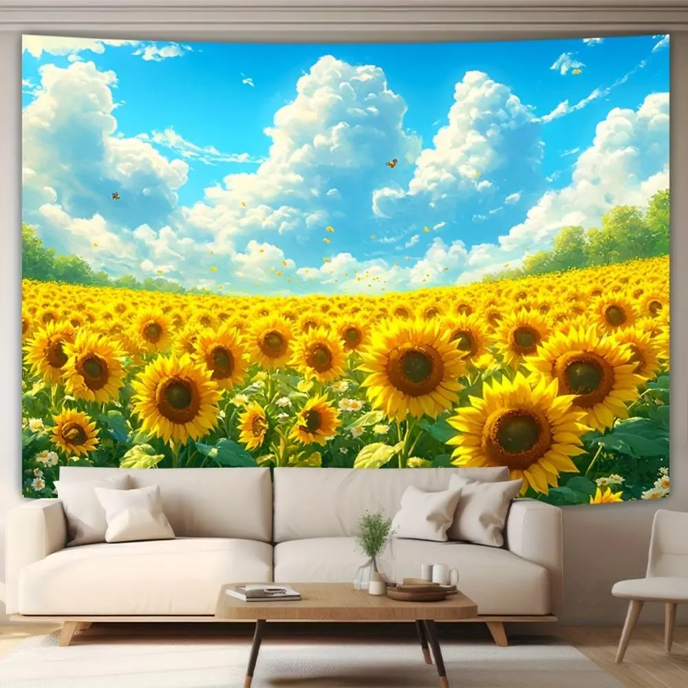 2D Flat Polyester Photography Backdrop - HD Print Sunflower Field with Blue Sky White Clouds, Foldable, Soft, Lightweight, Machine Washable, for Indoor Home Decor Wall Hanging (Suitable for Outdoor Use)