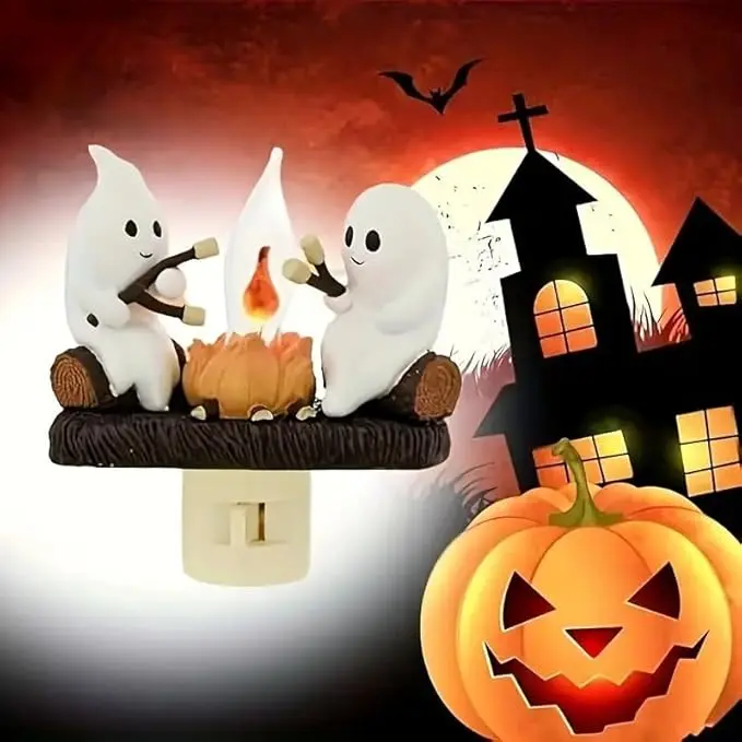3D Flicker Flame LED Nightlight,Ghost Campfire Night Light,Halloween Resin Irregular Decor with Spooky Marshmallow Ghosts,Ambient Decoration Lamp for Indoor Soft Glow Campfire Decor, Room Decor,5in LED Campfire Night Lights Funny Halloween Decor