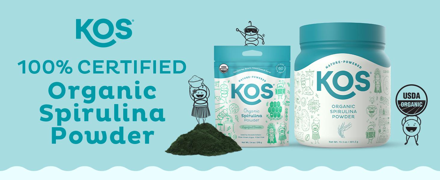 KOS Organic Spirulina Powder - USDA Certified Organic, 109 Servings of Superfood Powder for Smoothies & Juices, Non-Irradiated Blue Green Algae, Plant Based with Antioxidants, Vegan (13.5oz)