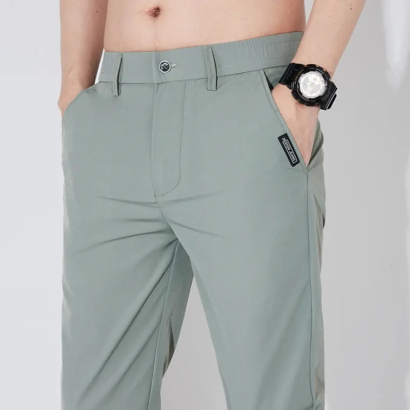 Menswear Slim-Fit Silk Stretch Trousers for Men - Elastic Waist, Thin Cool Fabric, Korean Classic Design, Black/Gray Options - Business Casual Suit Chinos