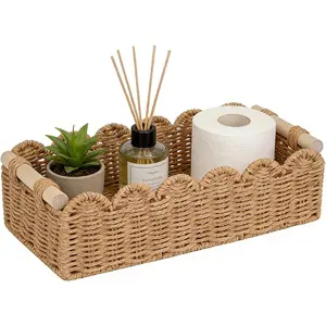 Upgraded Paper Rope Scalloped Edge Toilet Paper Storage Basket, Small Decor Basket for Living Room Bedroom Over Toilet Storage Shelf End Table and More, with 2 Wooden Handles (Neutral)