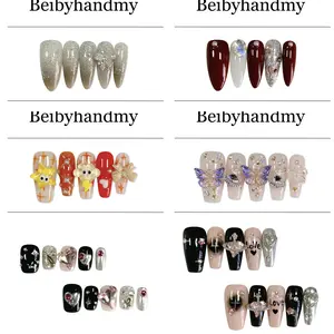 Handmade lovely butterfly starry sky Long Ice Transparent Whitening Detachable False Nails （Size:M/L)