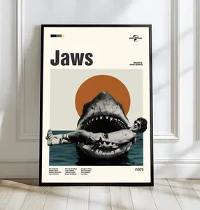 Jaws Movie Poster, Mid-Century Modern Art, Minimalist Movie Print