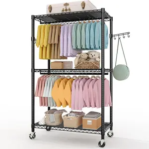 3 Tier Clothes Rack with Wheels, Adjustable Shelves & 2 Hanging Rod, Heavy Duty Clothing Rack Closet Organizer Freestanding Wardrobe for Hanging Clothes, 79.6" H x 45.3" W x 15.8" D, Black