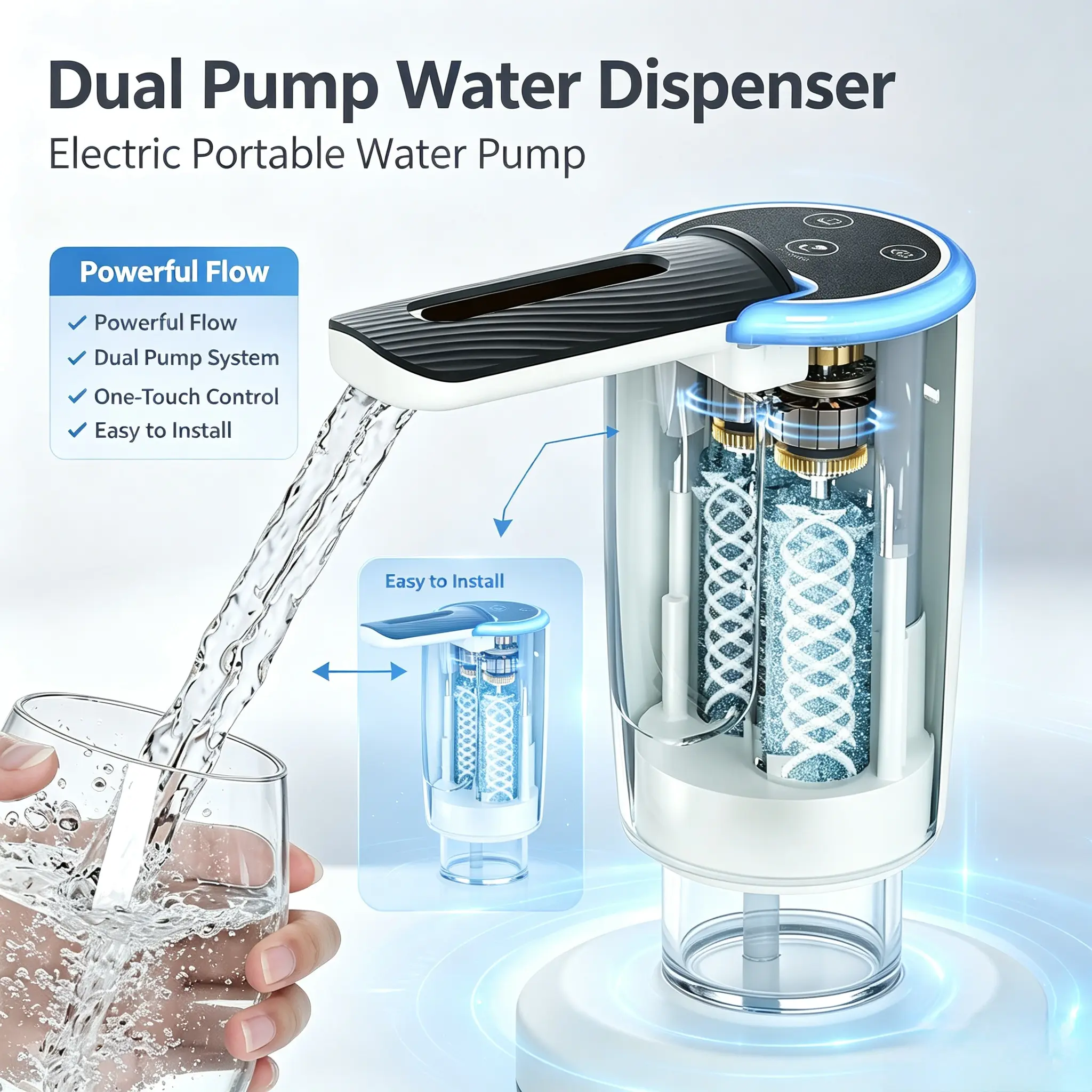Dual Pump Electric Water Dispenser Pump, Foldable Type-C Rechargeable Water Jug Pump with Night Light,Pump for 4.5-18.9L Bottles,Dual Outlet High Flow Automatic Water Dispenser