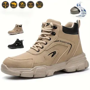 [Steel Toe Safety Shoes] Comfy Steel Toe Men's High Top Work Safety Shoes - Wear Resistant, Shock Absorption & Lace Up Platform Sneakers For Outdoor Running, Walking & Hiking