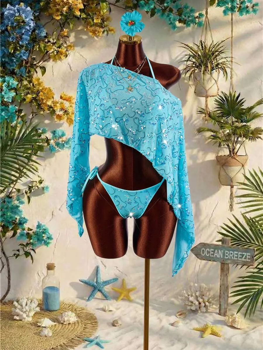 Women's 3-Piece Sequin Swimwear Set With Asymmetric Neck Cover-Up Top, Tie-Up Bikini Top And Triangle Bottoms, Casual Sexy Style, Suitable For Spring, Summer, Autumn, Winter