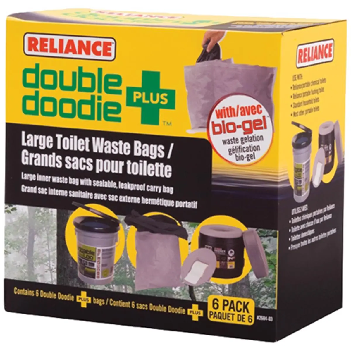 Reliance Double Doodie Toilet Bags, 6-Pack Leakproof Waste Bags with Bio-Gel for the Flushable Loo, Camping, and Emergencies, Inner Waste Bag With Bio-Gel, Leak-Proof Outer Carry Bag