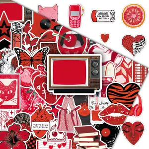 50 Sheets Y2K Red Trendy Cool Niche Design Vintage Decorative Stickers for Luggage, Phone Case, Scrapbook