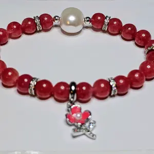 Pink Rhodonite Crystal Bead Stretch Bracelet With Large Fresh Water Pearl