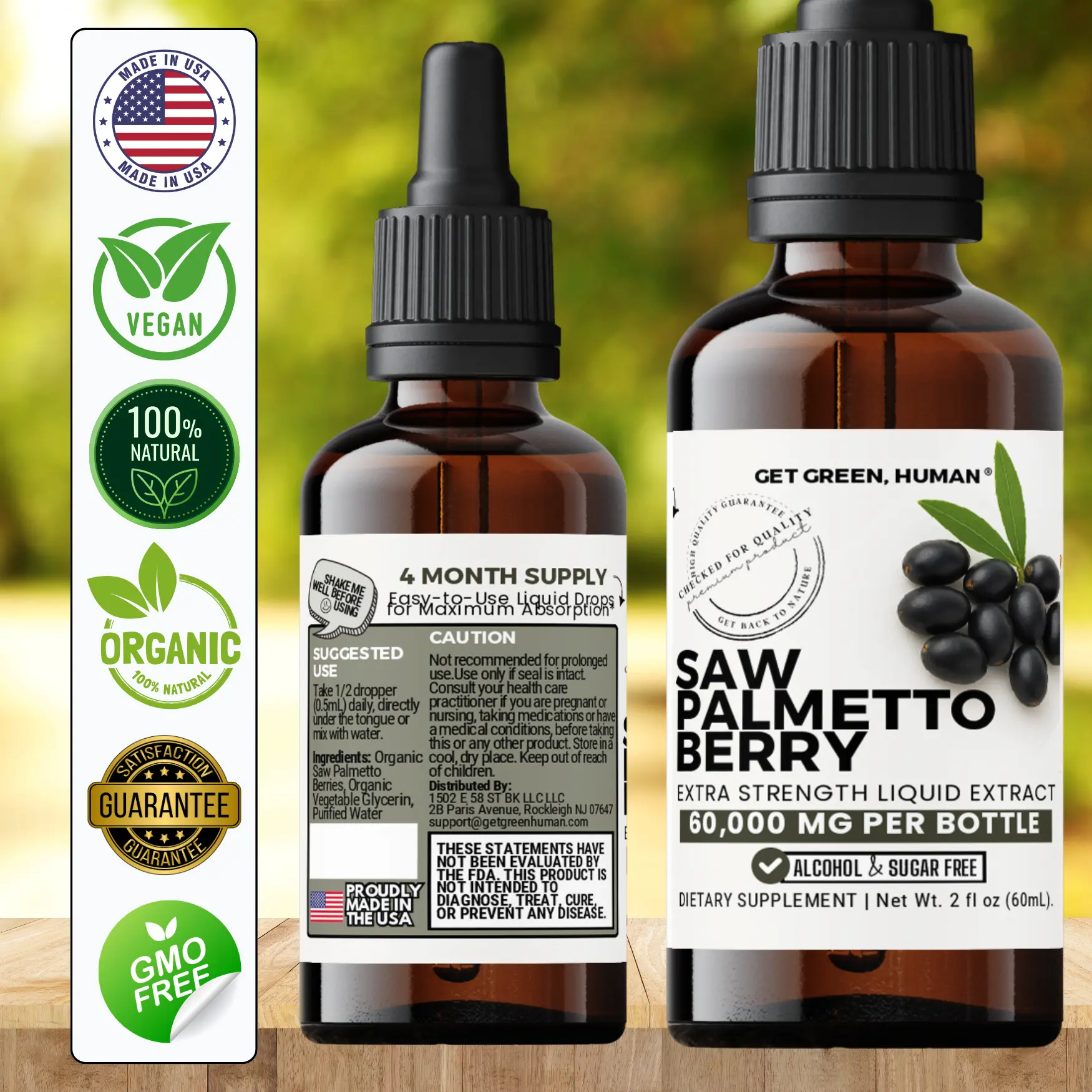 Organic Saw Palmetto Tincture Get Green Human Herbal Liquid Supplement 60000mg for Hormone and Hair Support with Saw Palmetto Berry Extract