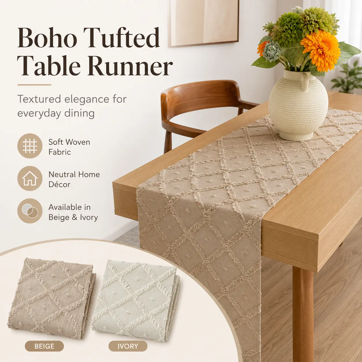 Boho Tufted Table Runner, 71 Inch 108 Inch Textured Diamond Table Decor for Dining Table, Coffee Table, Console Table