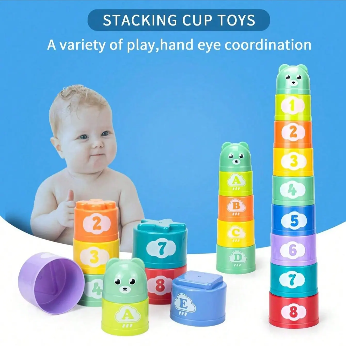 9pcs Baby Educational Stacking Cups Set, Children's Educational Cognition Preschool Learning Tool Large Particle Building Blocks, Blocks for Toddlers, Blocks Tower Game, Digital Letter Pattern Stacking Cups (Random Colors)