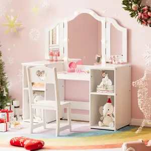 Kids Vanity Table, Vanity Chair Set, Lighted Mirror, 2 in 1 Princess Vanity, Open Bookshelf, Storage Cabinet, Storage Shelves, Adjustable Mirror, Detachable Top, Little Girls, Pink Vanity