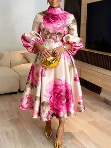 Elegant Chic Women's Floral Print Satin Dress, Vintage Style Bubble Sleeve Long Sleeve Maxi Gown, Formal Party Evening Wear