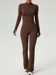 Women's Yoga Jumpsuit Bell Bottoms, Workout Jumpsuit, Zipper Cloud Feel Long Sleeve Yoga Jumpsuit, Sporty Casual One-Piece Tight Fit, Sporty Comfy Jumpsuit