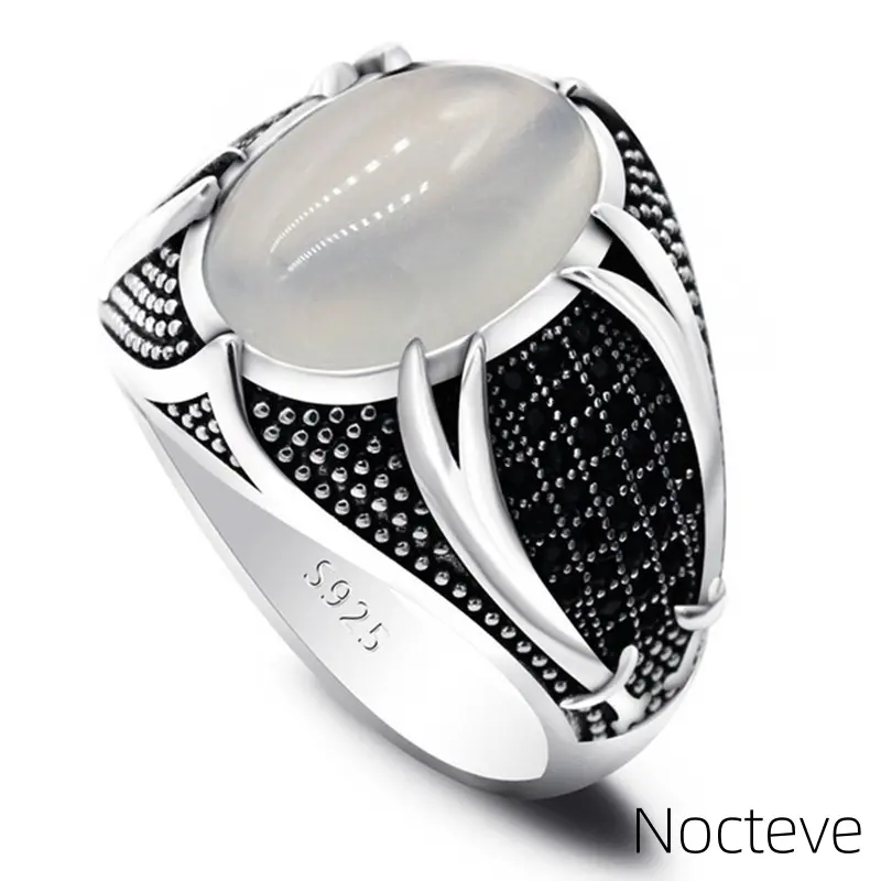 Vintage Twin Curved Blade Thai Silver Mens Open Ring, Gothic Oval Wide Band With Black Rhinestone, Adjustable Street Biker Gift Jewelry for Men Daily Occasions