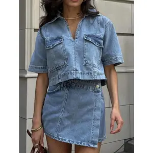 Johnny Collar Short Sleeve Top and Skort Denim Set