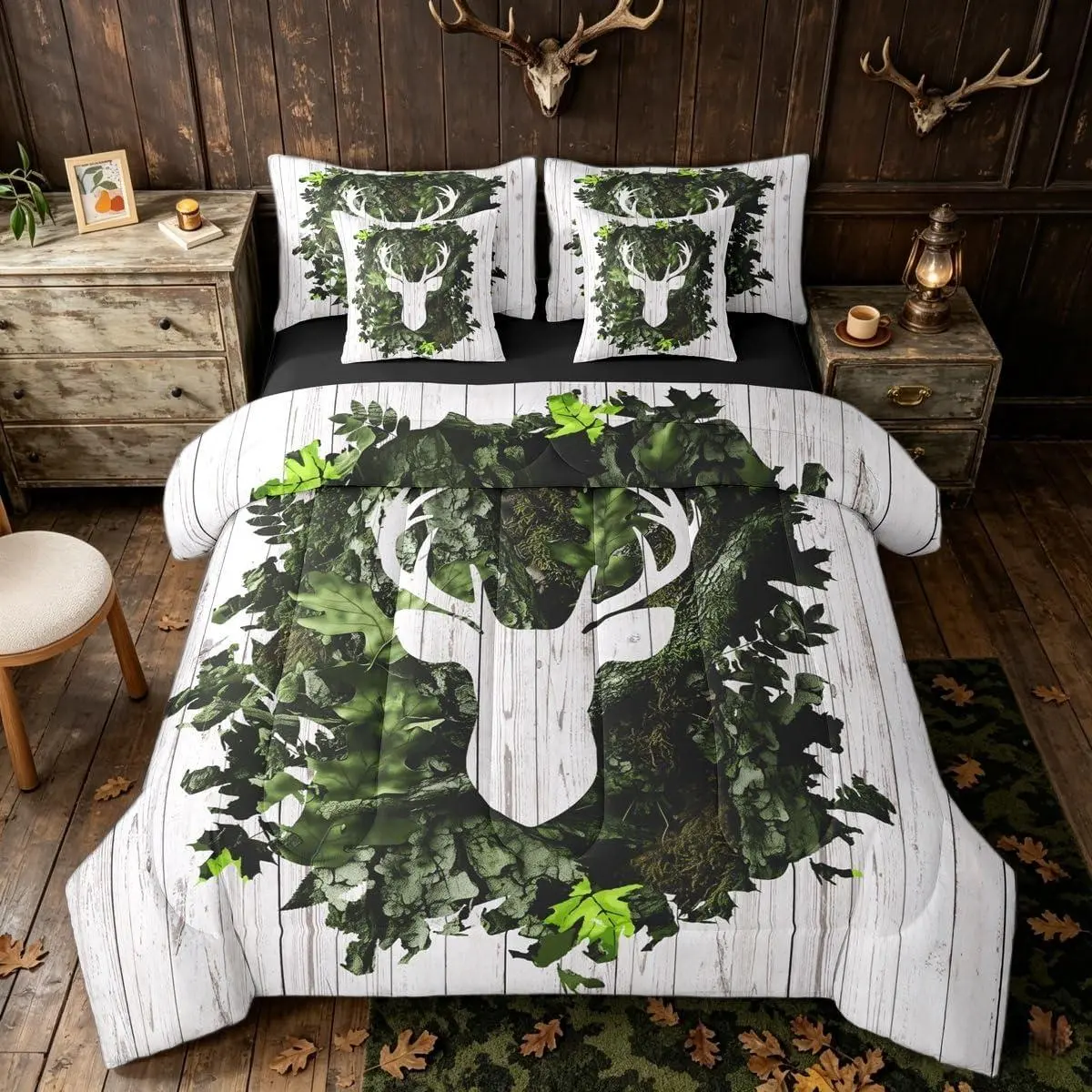 Botanical Camo Deer White Green Comforter Set 7 Pieces | Retro Farmhouse Bed in A Bag Antlers Deer Bed Set Vintage Bedding