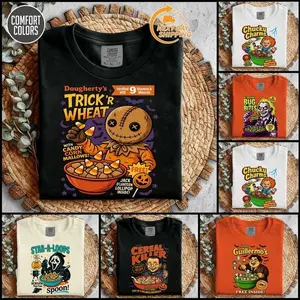 [Col2] Comfort Halloween Cereal Horror Characters Graphic Shirt, Horror Characters Cereal T-Shirt, Funny Halloween Matching Tee, Horror Movies, Spooky Season, Fall Vibes
