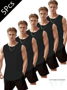 5-Piece Men's Sleeveless Tank Tops, Quick Dry Breathable Workout Muscle Shirts, Summer Gym Fitness Athletic Tanks, Fitness Workout Vest, Athletic Apparel, Sport Vests, Athletic Activewear