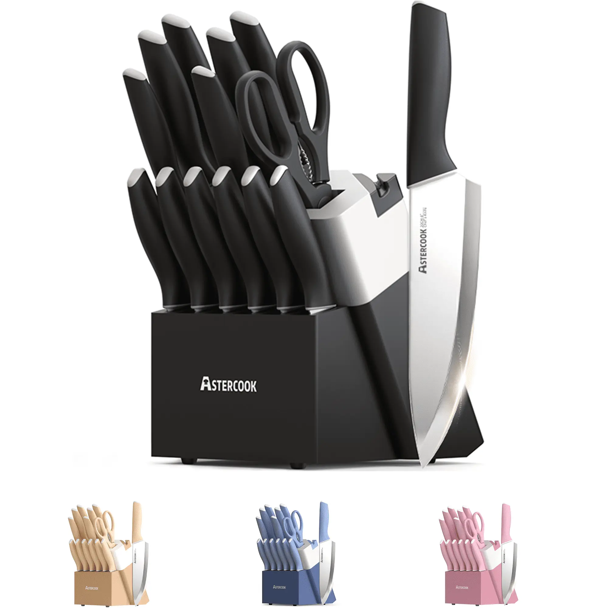 Astercook Knife Set, 14 Pieces Kitchen Knives Set with Healthy Anti-Rust Coating, Stainless Steel Knife Sets with Built-in Sharpener, Sharp & Rust Resistant Dishwasher Safe Elegant Black