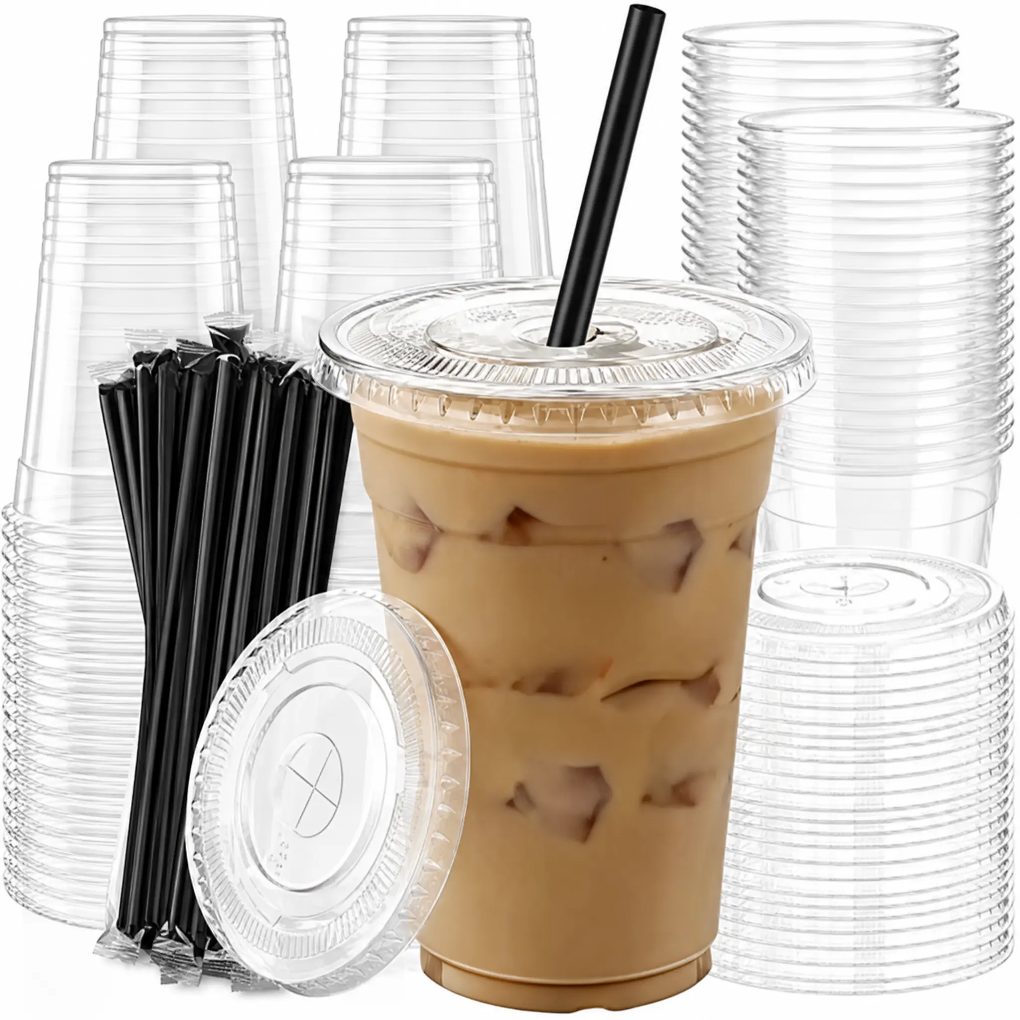 40 Set 500ml Clear Plastic Cups with Lids & Straws, Disposable Round Bottom To Go Iced Coffee Drinking Cup for Cold Beverage Smoothies Juice Lemonade Slushies Milkshake Party Catering Supplies