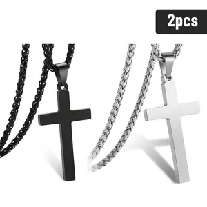 2pcs Cross Necklace for Men, Silver Black Cross Chain Necklace, Stainless Steel Cross Pendant Jewelry Gifts for Men 22 Inches