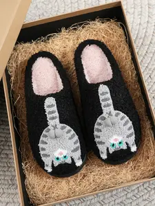 Embroidered Cat Slippers, Cute Cartoon Design, Unisex Indoor Outdoor Shoes, Indoor Home Slippers, Fall Winter Warm Soft Anti-Slip, Perfect Christmas Gift, Thick Cushioned Slippers