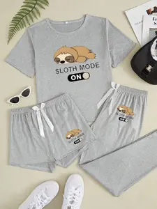 Heart Three-Piece Home Wear Set, Cartoon Pattern, Casual Loose-Fitting, All Seasons, Comfortable Loungewear for Adults, Pajama