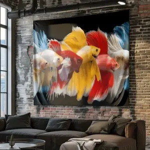A digital-printed polyester wall tapestry with a colorful guppy theme, suitable for use in living rooms, bedrooms, and party decorations.