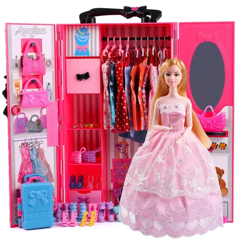UCanaan 11.5in Dress Up Doll Set - Non-Toxic Plastic Wardrobe with Working Drawers, 35+ Pieces Clothes Set Doll, 20+ Outfits, 3 Necklaces, Unisex Kids Toy, Anime Manga Styling Playset, 3-8 Yr Kid Girl Gifts