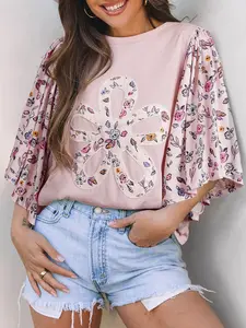 Women's Pink Contrast Floral Patch Blouse Flowy Half Sleeve Summer Top Casual Cotton Blend Crewneck Shirt Relaxed Fit Boho Floral Print Graphic Tee for Vacation & Daily Wear