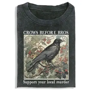 Unisex "Crows Before Bros" T-Shirt Vintage Wash Art Nouveau Crow Design "Support Your Local Murder" Funny Crow Meme Graphic Tee Casual Oversized Crew Neck Top Retro Goth Streetwear For Crow Lovers, Goths & Witchy Aesthetic Fans