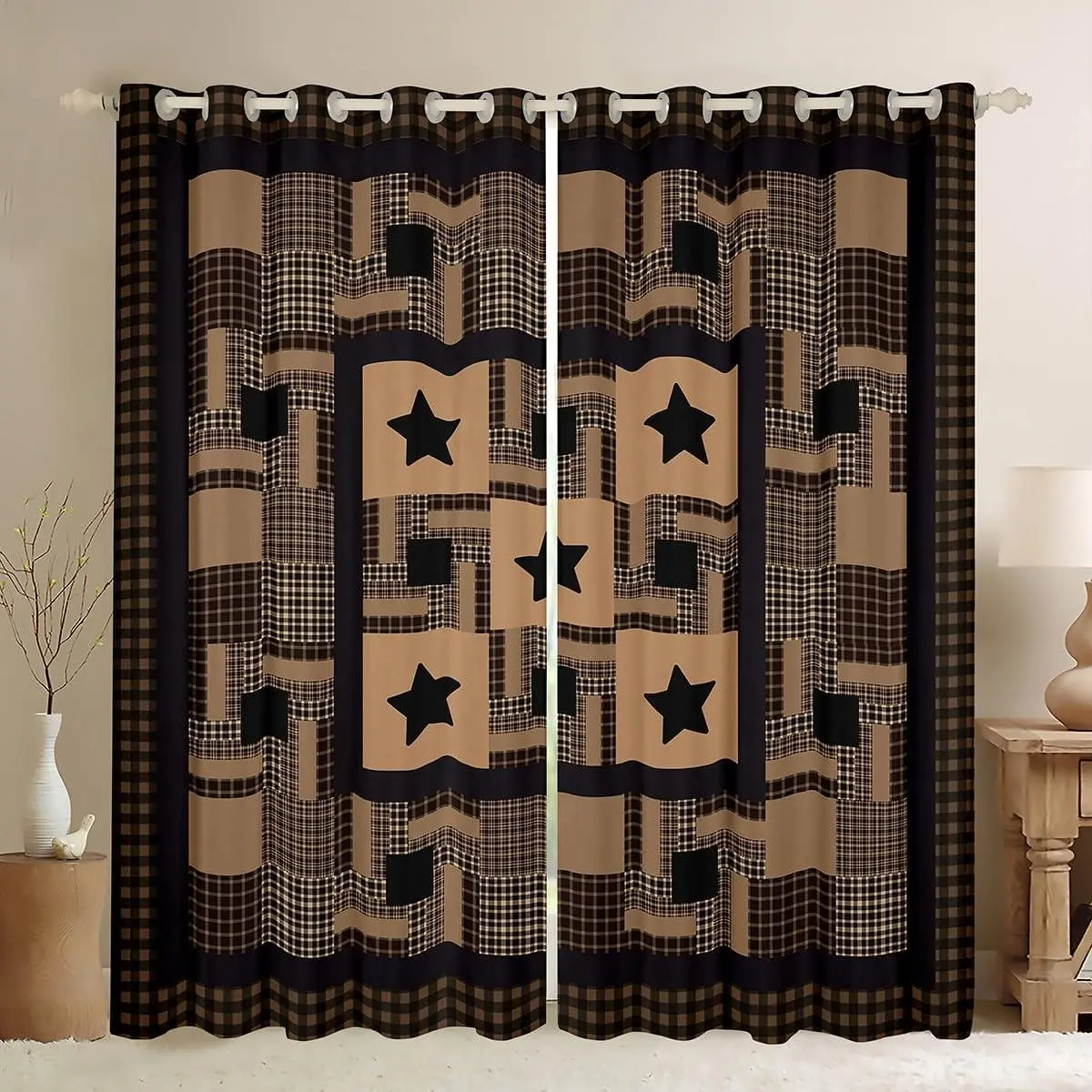 Star Print Darkening Dreapes Western Theme Curtains Bedroom Living Room Plaid Pattern Blackout Curtains Rustic Cabin Country Window Treatments