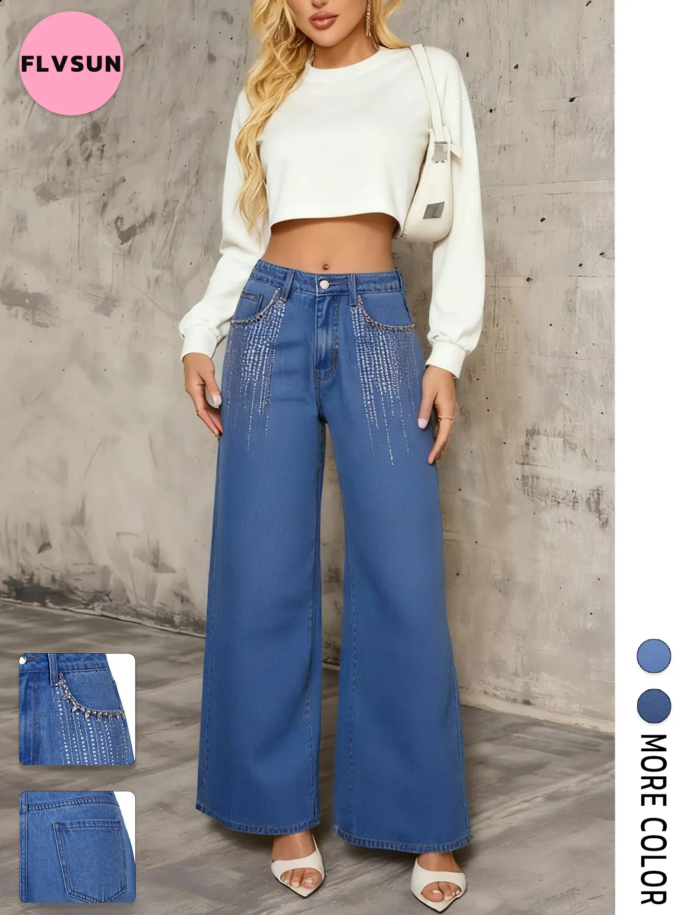 Flvsun Women's 2000s Baggy Jeans, High Rise Waist Straight-Leg Denim Bedazzled with Rhinestones and Sequins, Bottom, Clothes, Bedazzled Jeans